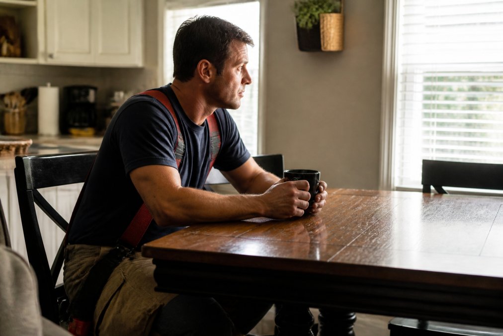 A firefighter sitting quietly at a kitchen table in the morning after a night shift, holding a coffee mug, showing post-shift transition and mental decompression