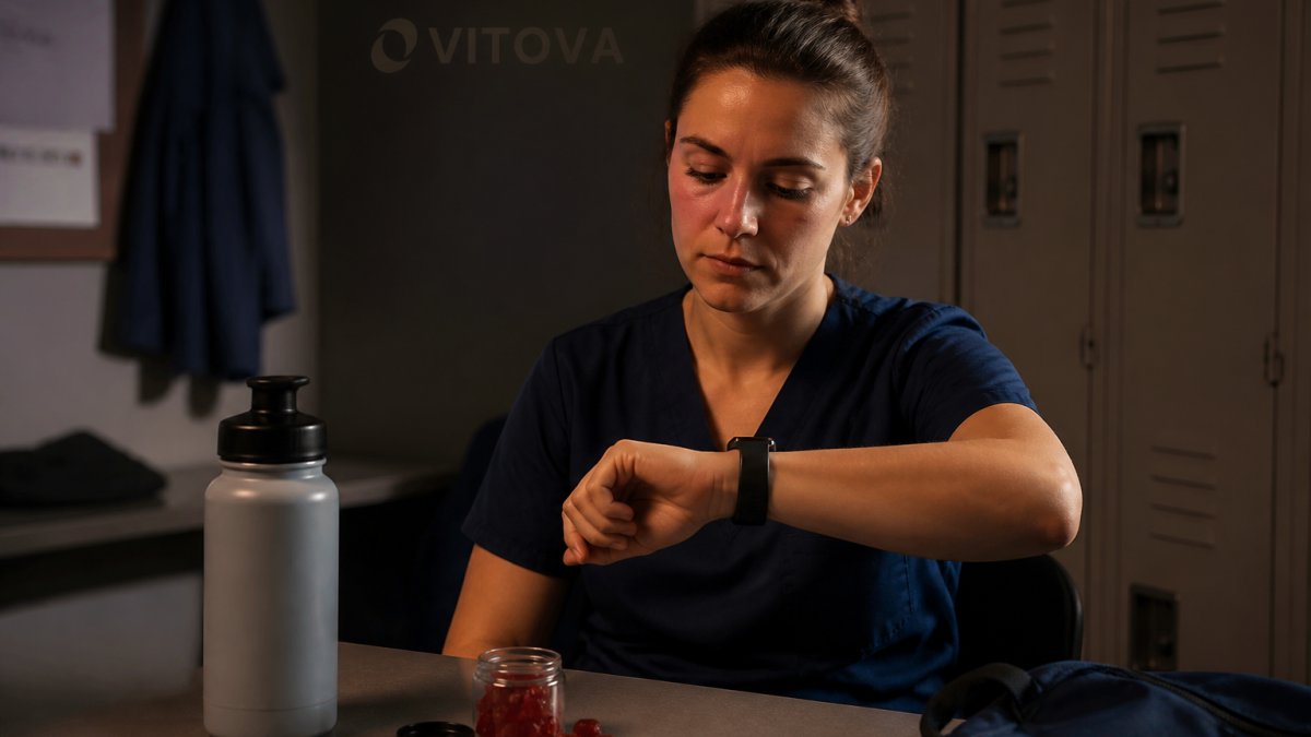 Shift worker in uniform checking the time at night with a gummy supplement and water bottle on their desk