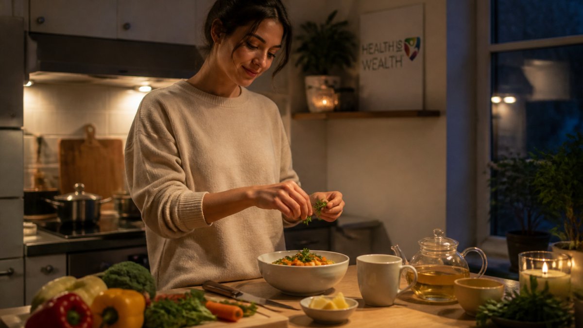 Person preparing a light evening meal with fresh vegetables and herbal tea in a warm, calm kitchen setting
