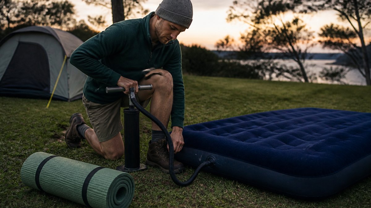 Infographic comparing the physical effort required to inflate an air mattress versus unrolling a sleeping mat.