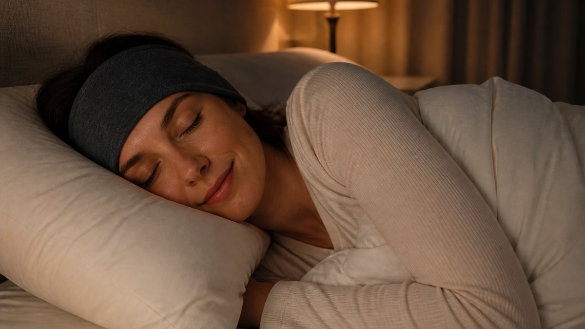 A side sleeper lying comfortably in bed wearing a soft fabric sleep headband, cheek resting on the pillow, dim warm bedside lighting, calm and cozy bedroom scene