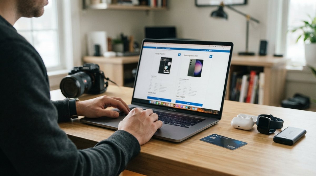 A shopper comparing two smartphones side-by-side on a laptop, with a credit card and a small pile of tech gadgets like earbuds and a smartwatch on a clean desk