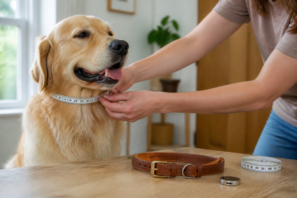 A person using a soft fabric tape measure around a calm dog's neck at the base of the collar, with the collar and a slide-on tag resting on a nearby table in a bright home setting
