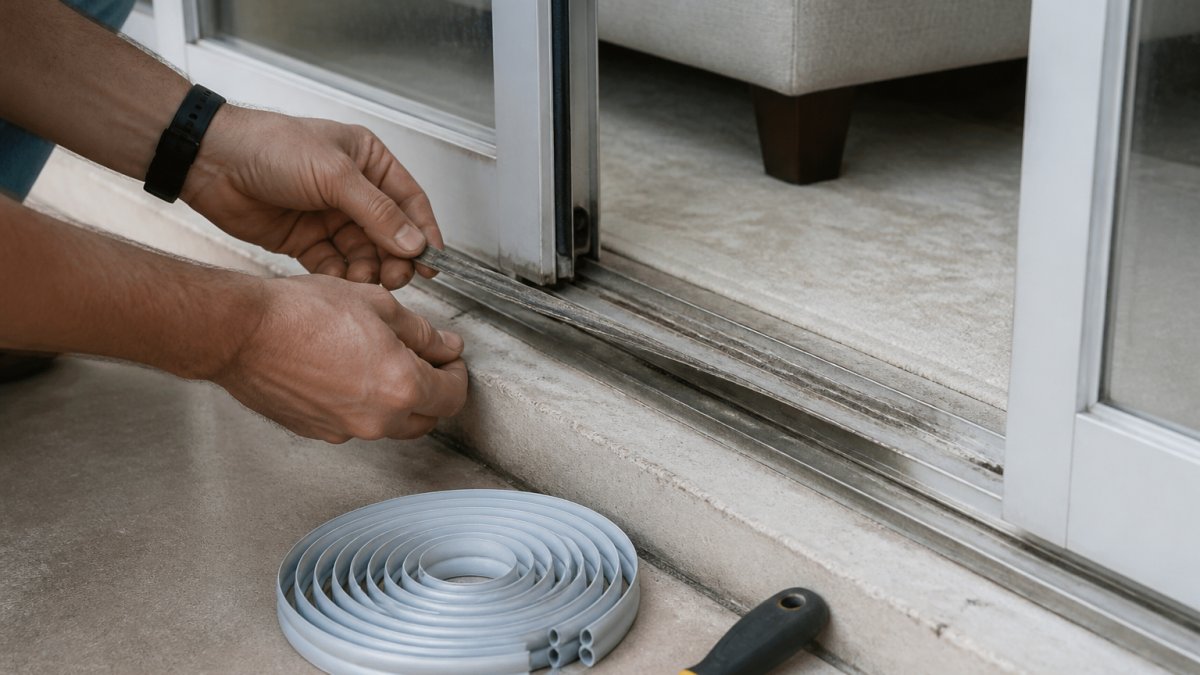 Close-up of hands peeling worn weatherstripping from the bottom track of a sliding glass door, with a new roll of weatherstripping and a putty knife on the floor nearby