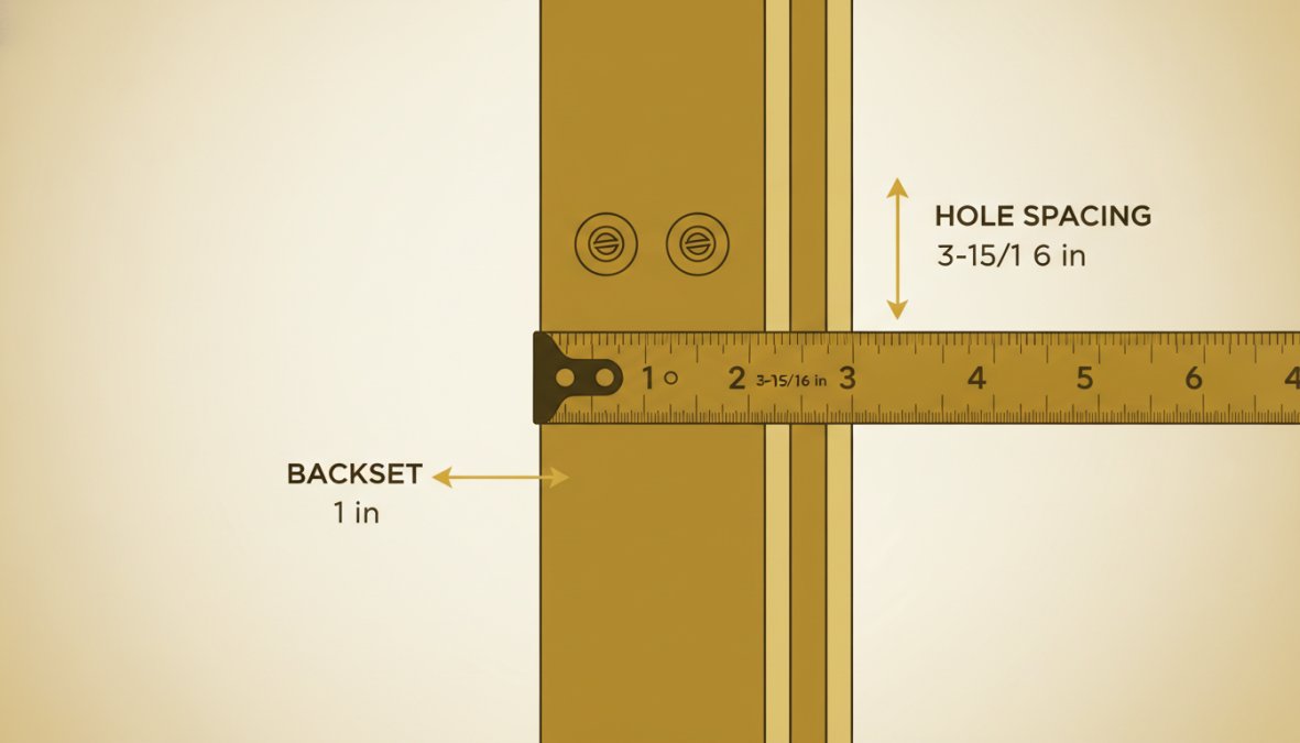 Close-up of tape measure positioned against sliding glass door frame, showing measurement of hole spacing between mounting holes and backset distance from door edge