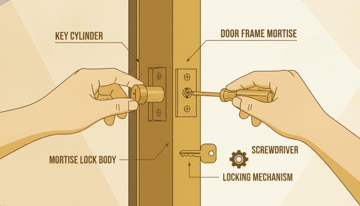Close-up of hands installing a mortise lock into a sliding glass door frame, showing the key cylinder being inserted and secured with a screwdriver