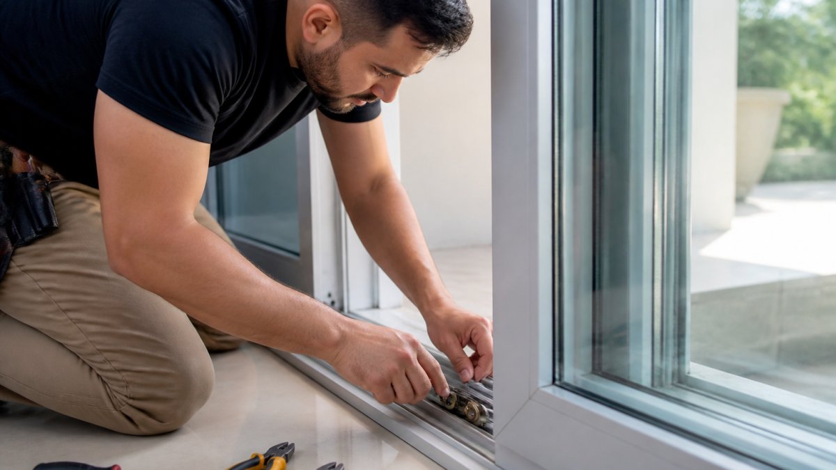 Professional technician adjusting sliding door rollers and track mechanism with hands-on demonstration, showing precision alignment work in bright workshop setting