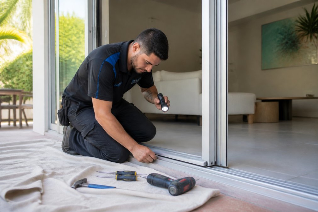 Technician using a flashlight to inspect a track for sliding door repair in a bright Florida home interior
