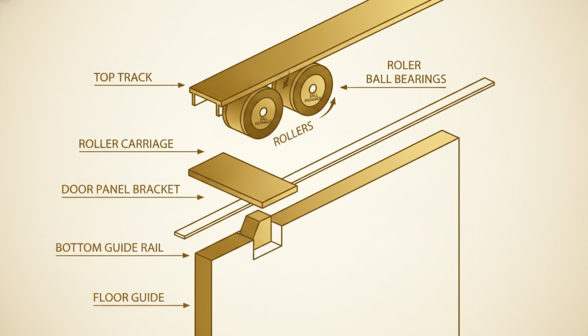 Close-up of aluminium sliding door track assembly showing rollers, guides, and metal hardware components in detail with natural lighting