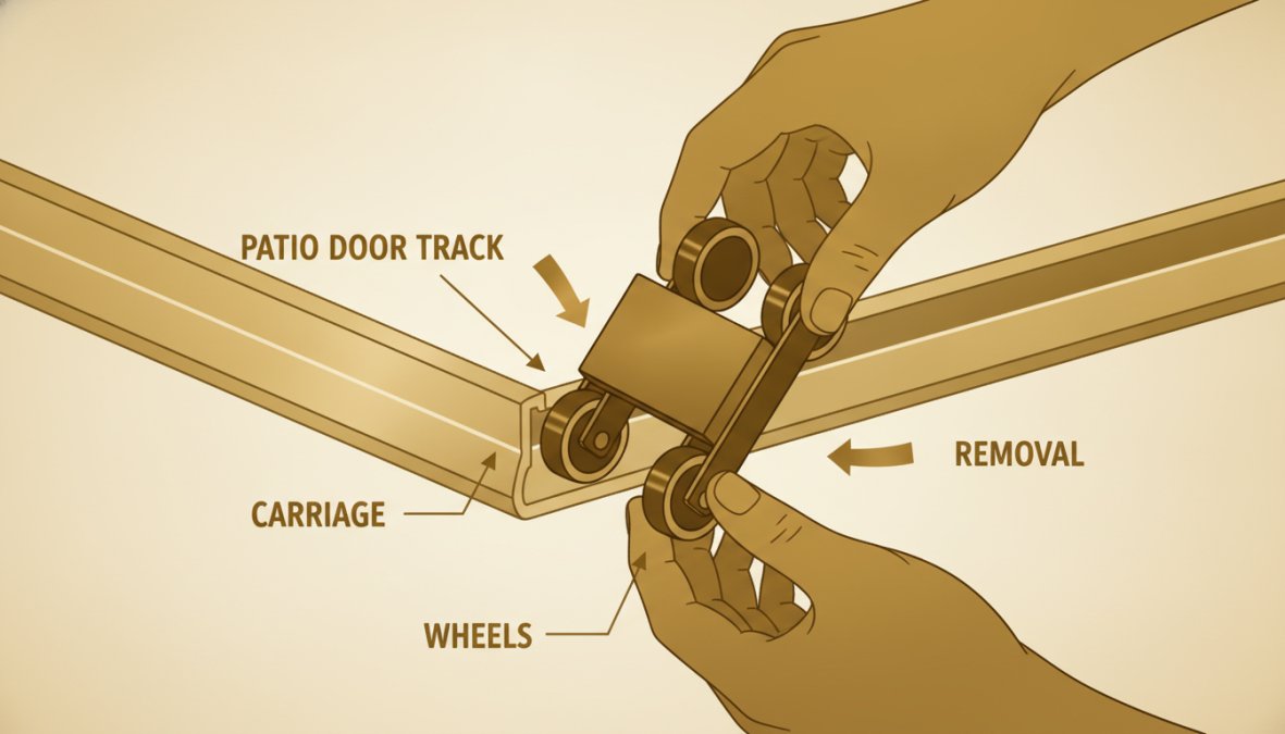 Close-up of hands using a tape measure to measure a sliding door roller assembly diameter and housing width, with the carriage positioned on a workbench