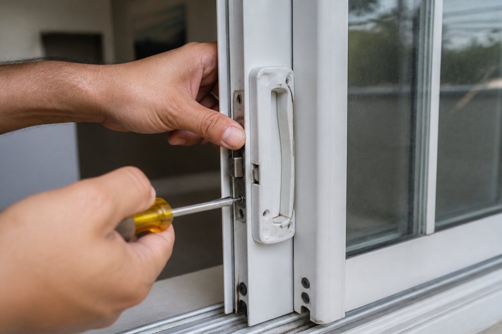 Close-up of a person's hands using a screwdriver to tighten the mounting screws on a sliding glass door's latch mechanism, with the door frame and track visible