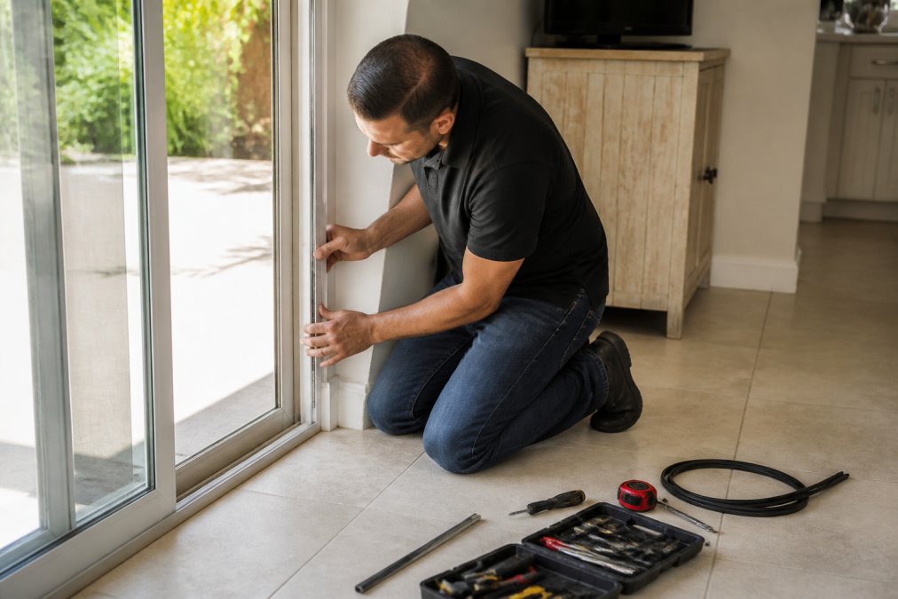 A homeowner kneeling beside a sliding glass door, running a hand along the edge of the door frame to check for drafts, with daylight visible through the glass