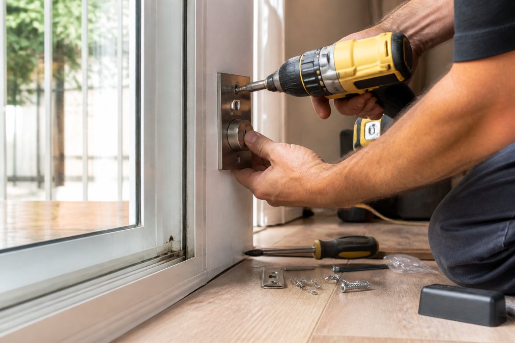 Hands using a power drill to install a deadbolt for sliding glass door security on a patio door frame