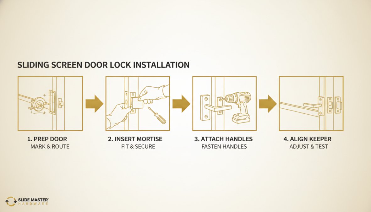 Close-up of hands installing a sliding screen door latch mechanism into a mortise cavity, showing the installation tools and hardware alignment
