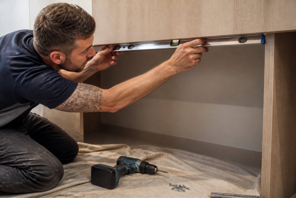 Checking the alignment of aluminium sliding wardrobe components with a spirit level during track installation