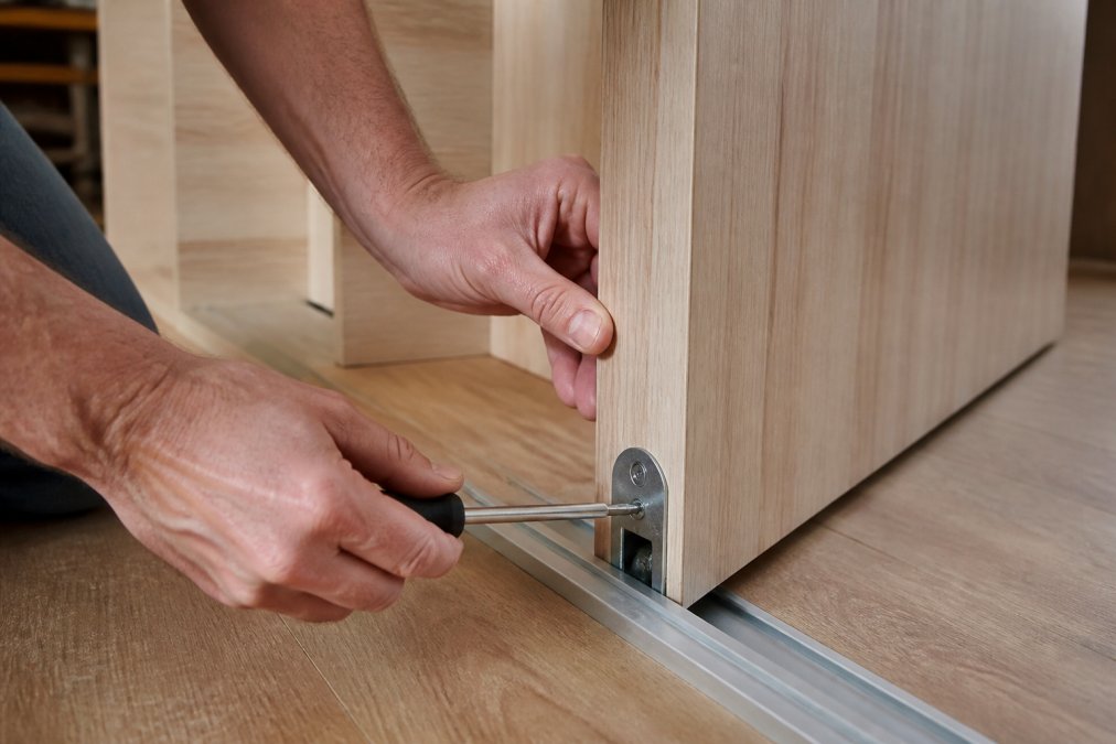 Close-up of hands using a screwdriver to adjust the bottom roller mechanism of a sliding wardrobe door track.