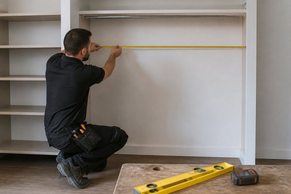 Professional tradesperson using a tape measure to record measurements at three distinct heights on a wardrobe opening, with a spirit level and laser measure visible on a workbench beside the opening