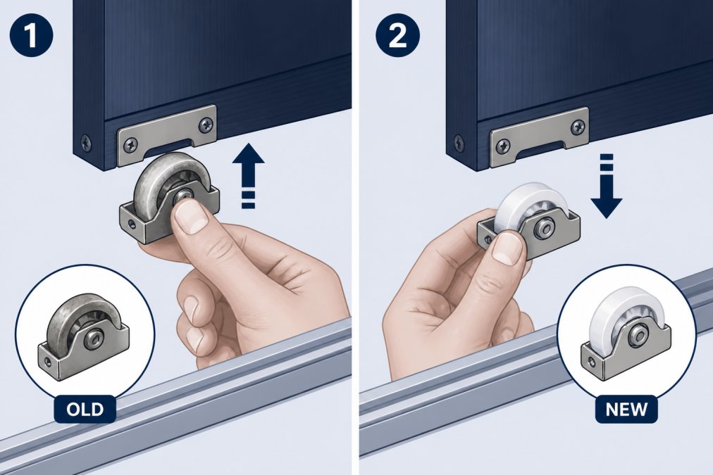 Close-up of hands removing a worn sliding door roller from the bottom of a wardrobe door panel and inserting a new replacement roller into the mounting bracket, showing the old wheel being lifted and the new component being positioned