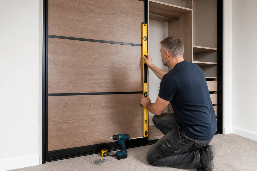Person using a spirit level to check alignment of a sliding wardrobe door frame whilst adjusting the fixing brackets and rollers to ensure the door sits perfectly level and square
