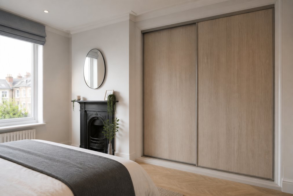 A bright UK bedroom showing a fitted sliding wardrobe neatly filling an alcove beside a chimney breast, with woodgrain doors and soft-close hardware, natural daylight from a window