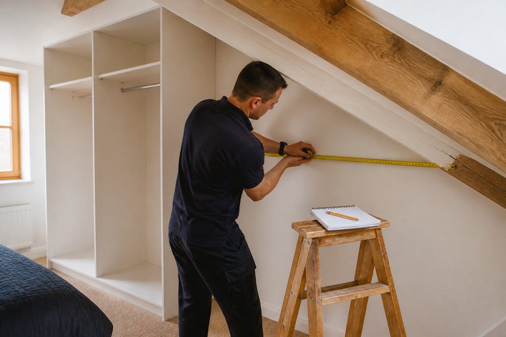 A person using a steel tape measure to take dimensions inside a loft bedroom with a visibly sloped ceiling and exposed rafters, with a notepad and pencil resting on a wooden step ladder nearby, in warm natural light