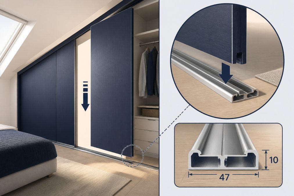 Close-up of a sliding wardrobe door panel being lowered into a floor track inside a bright attic bedroom with a sloped ceiling visible above, showing the aluminium track profile and door panel edge detail in warm afternoon light