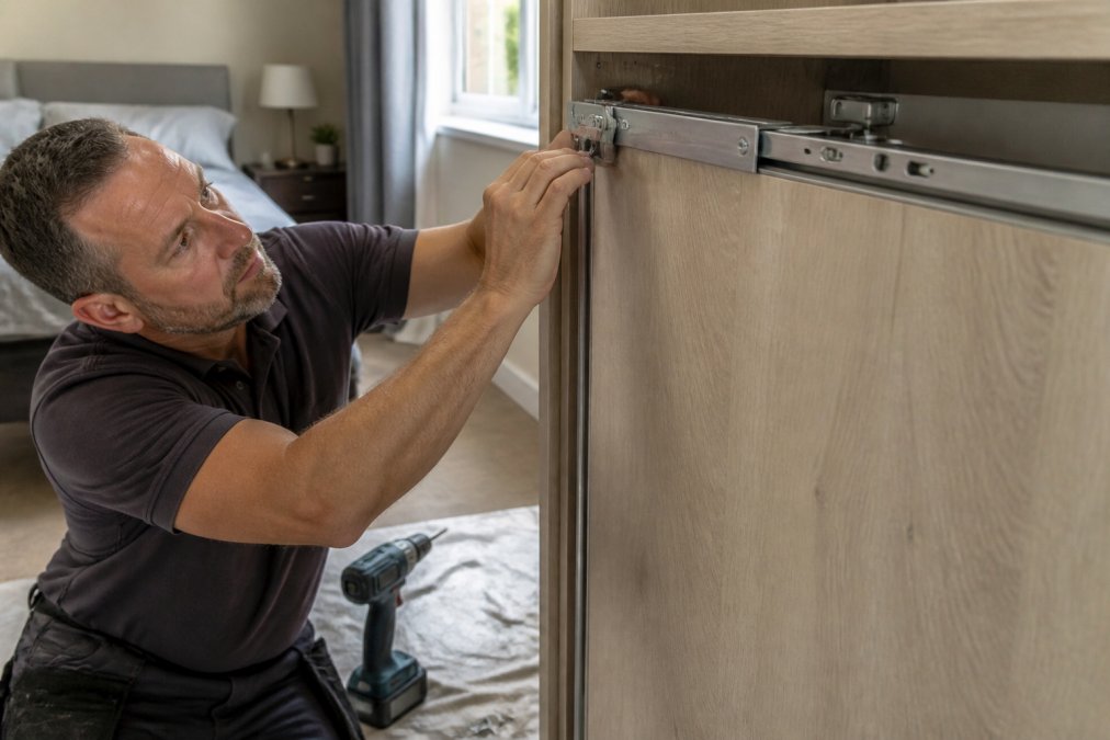 Joiner using a cordless drill to install a soft close damper on a sliding wardrobe door track