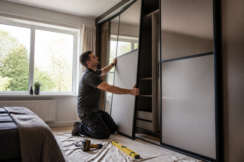 A professional fitter in a bright UK bedroom installing a large sliding wardrobe door onto an aluminium top track, cordless drill and spirit level laid out on a dust sheet nearby