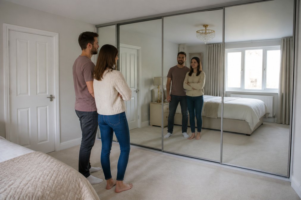 A bright modern bedroom with a full-height sliding wardrobe featuring mirrored doors, clean minimalist aesthetic, and clear open floor space in front of the wardrobe