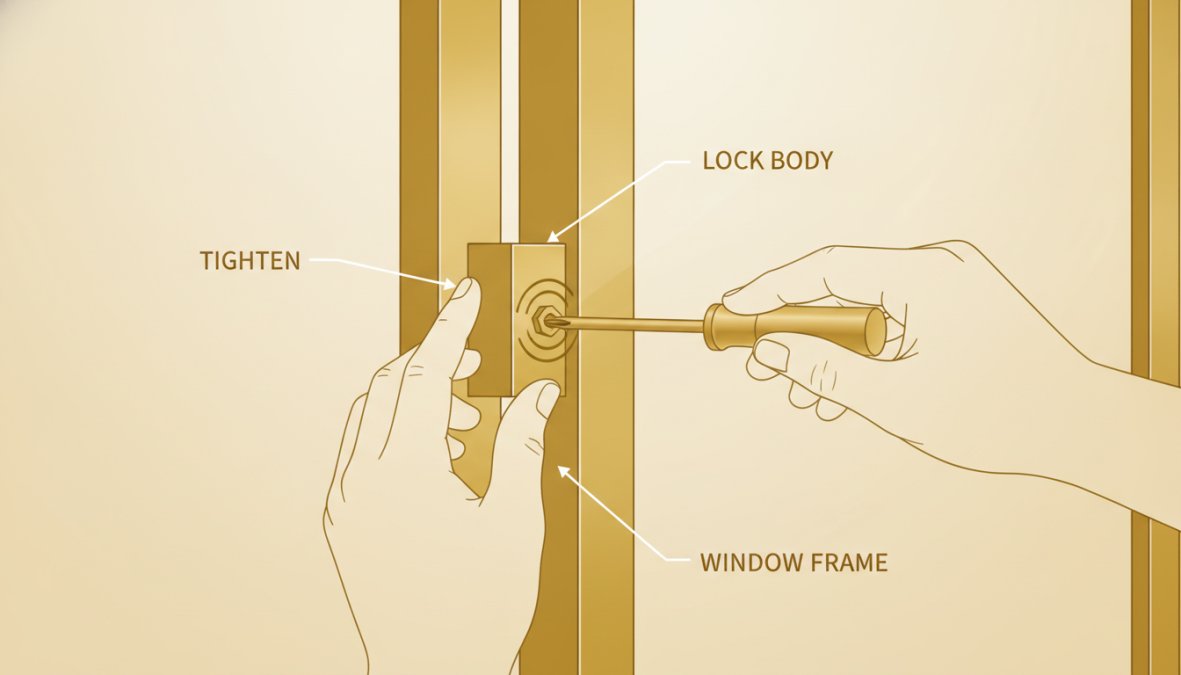 Close-up of hands using a measuring tape on a sliding window track, showing precise measurement from frame edge to edge with clear numerical markings visible