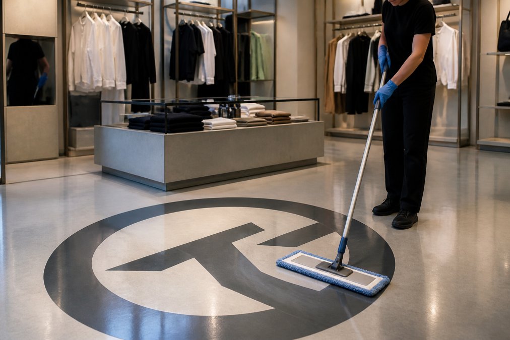 Professionel rengøringsmedarbejder bruger mikrofibermop til at rengøre glans vinylgulv med trykt logo i moderne butiksmiljø, viser rengøringsteknikken og gulvets glans