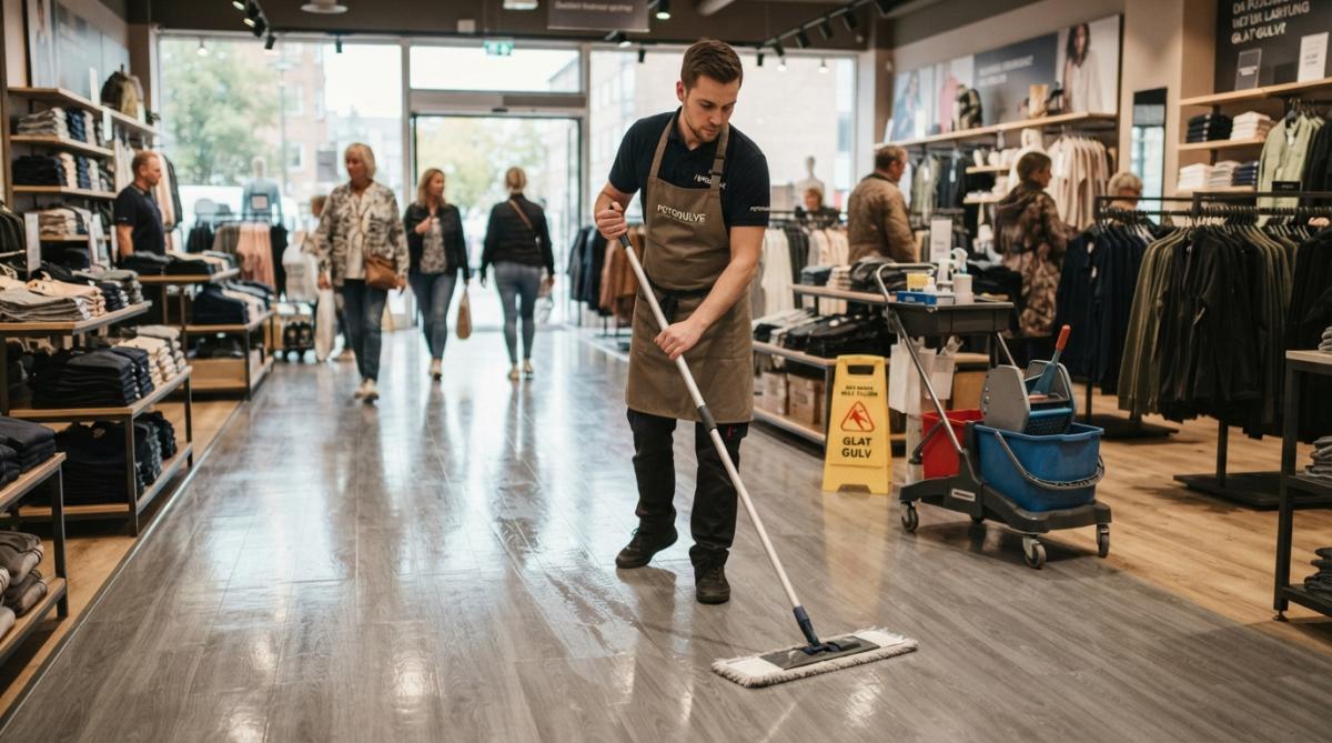 Slidstærkt vinylgulv til butik: Den komplette guide 2 Butiksmedarbejder rengør glinsende vinylgulv med mikrofiber moppe i travl butik med kunder i baggrunden, naturlig butikslys