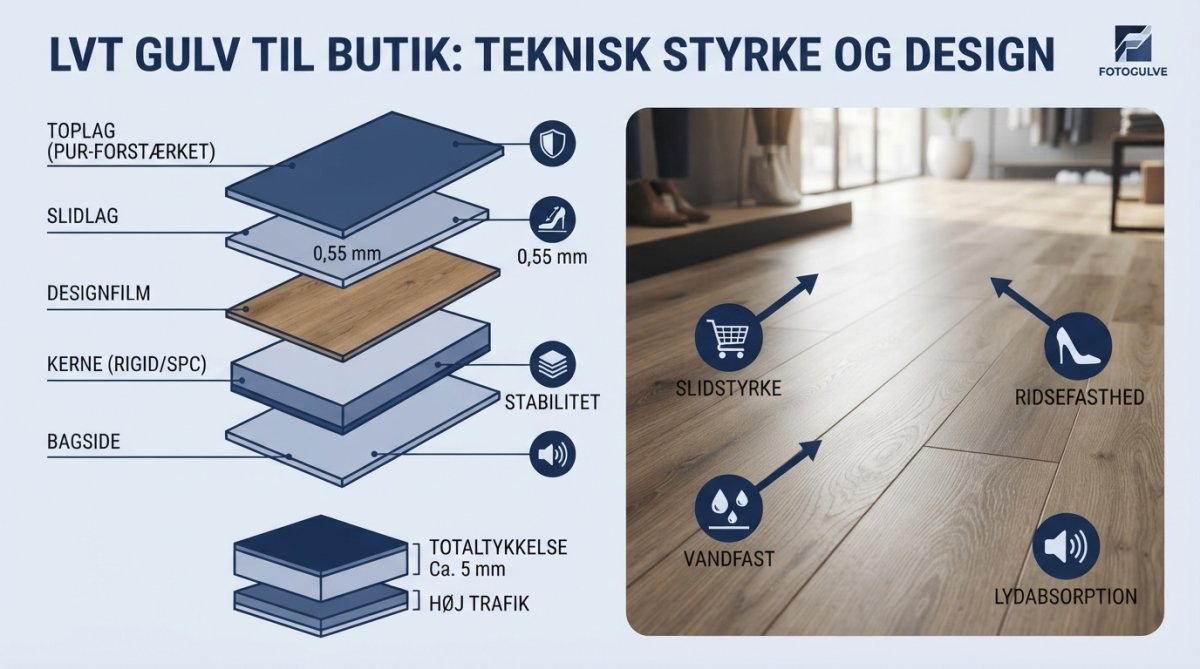 Slidstærkt vinylgulv til butik: Komplet guide til høj trafik 2 Tæt billede af professionelt butiksgulv i vinyl med synlig tekstur og glans, lys reflekteres fra overfladen, der viser holdbarhed og designkvalitet