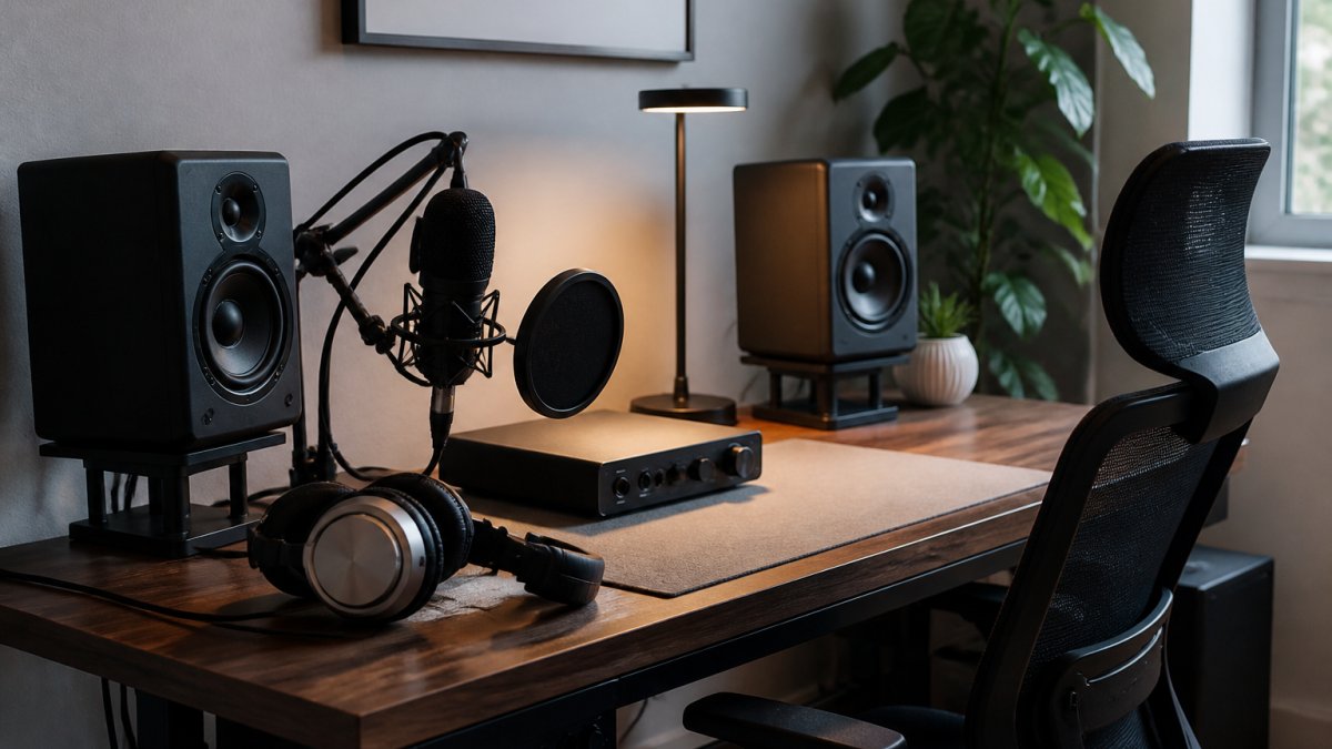 Et velorganisert hjemmekontor med ergonomisk plasserte høyttalere, hodetelefoner og mikrofon ved en PC-skjerm.