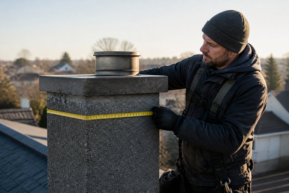 Håndverker på taket som måler diameteren på en pipekropp med målebånd, målebåndet er stramt og horisontalt rundt røyken, morgenslys fra siden viser målingen tydelig