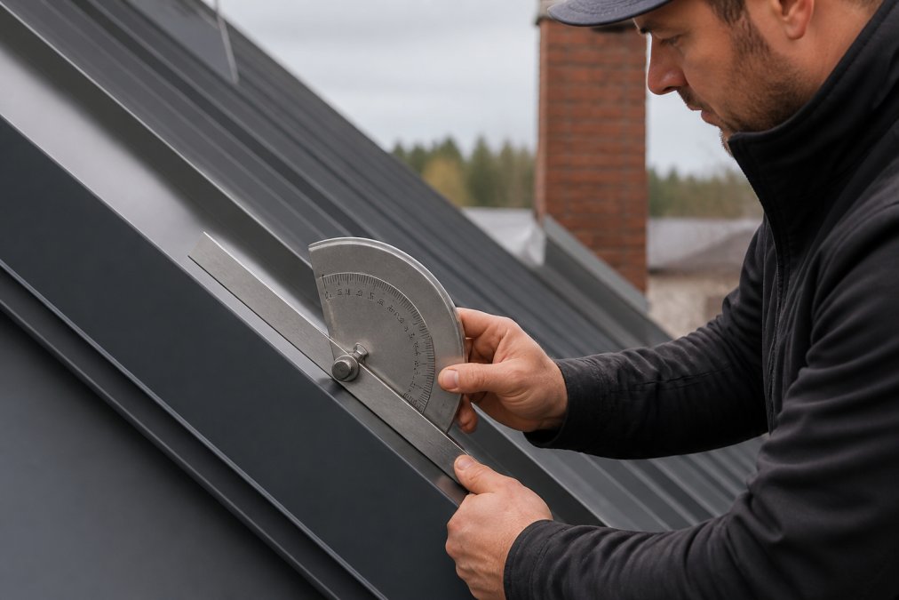 Håndholdt vinkelmåler plassert på takflaten med tydelig visning av gradskala, viser praktisk målingsteknikk med takvinkel på rundt 35 grader