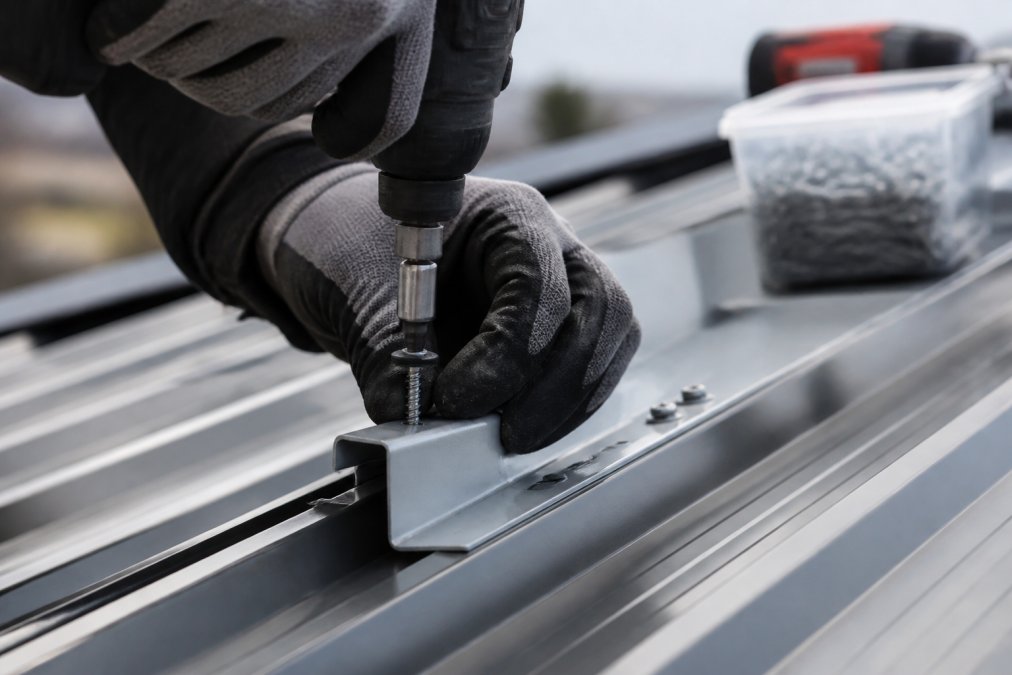 Nærbilde av hender i arbeidshansker som monterer en skrue med EPDM-pakning gjennom et metallbeslag på et tak, med drill og festemidler synlig i bakgrunnen