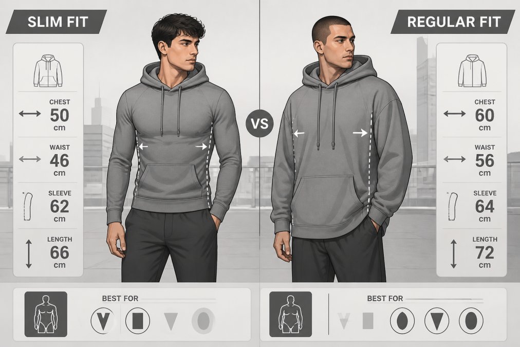 Two men standing side by side in a modern urban setting with natural daylight, one wearing a slim fit hoodie that follows his torso contours, the other wearing an oversized regular fit hoodie with relaxed proportions, clearly showing the silhouette difference on different body frames