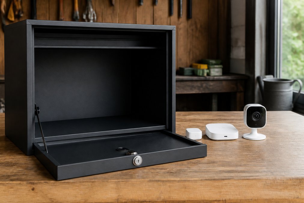 Close-up van een open luxe stalen brievenbus met daarnaast een kleine Zigbee-sensor, hub en camera op een houten werkbank, natuurlijk daglicht