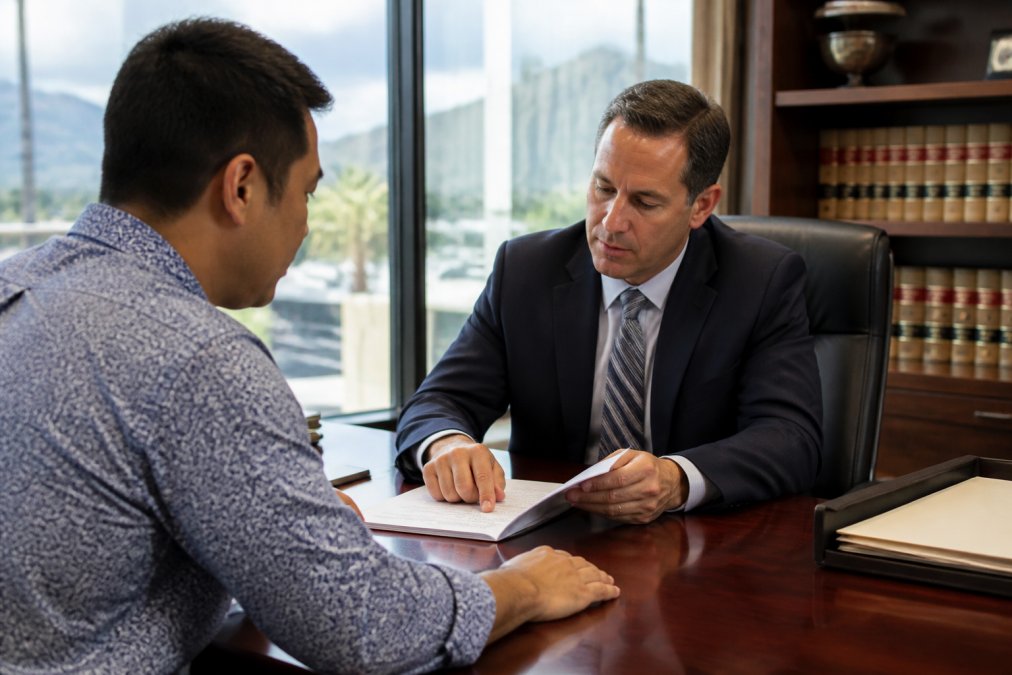 Professional attorney meeting with a client in a modern law office, reviewing documents and discussing case details at a desk with natural lighting streaming through windows