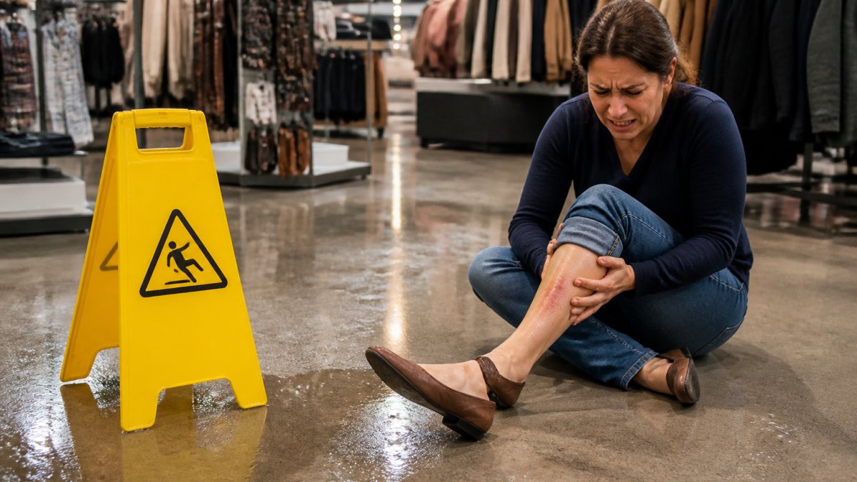 Person sitting on floor after a fall in a retail space, with a wet floor sign visible nearby and visible injury to leg, indoor lighting showing the hazardous condition