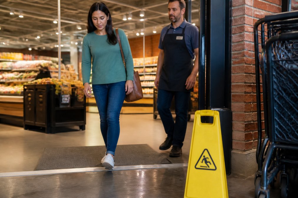 Shopper walking carefully past a wet floor sign in a grocery store before a potential slip and fall claim.