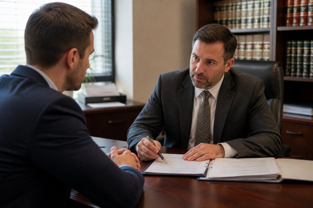 A person in a business suit consulting with a lawyer at a desk, with documents and a pen visible, conveying a professional legal consultation setting