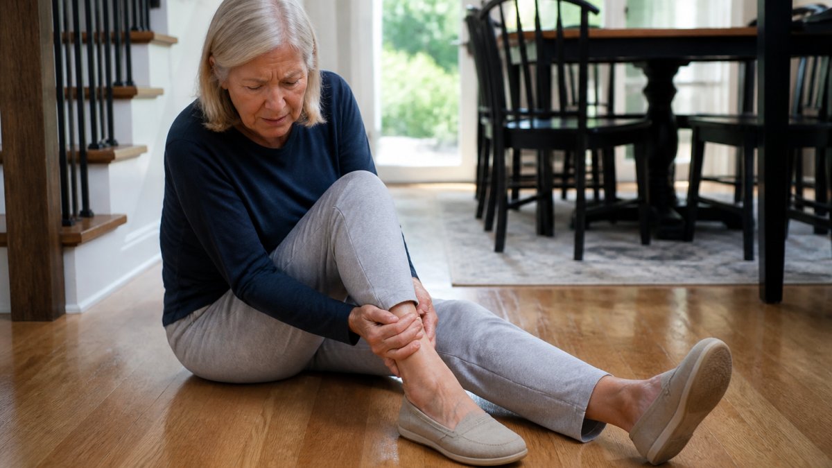 Person sitting on a hardwood floor holding their leg, highlighting the need for slip and fall injuries medical treatment.