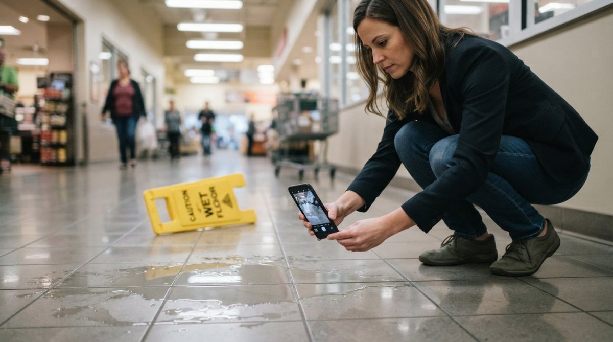 Person photographing a wet floor hazard with a smartphone, showing documentation of accident scene conditions with close detail of the slippery surface