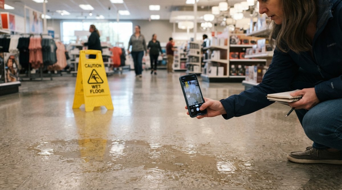 Person documenting a wet floor hazard with a smartphone camera in a retail store, with visible wet floor warning sign in background and other shoppers visible