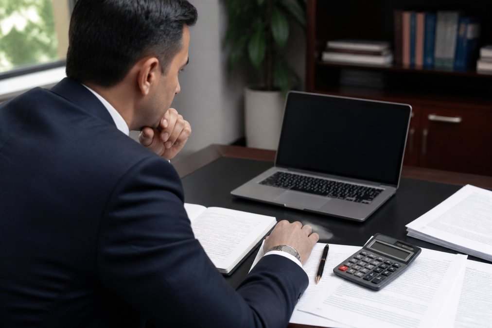 A person sitting at a desk with legal documents, a calculator, and a pen, looking thoughtfully at a comparison chart on a laptop screen