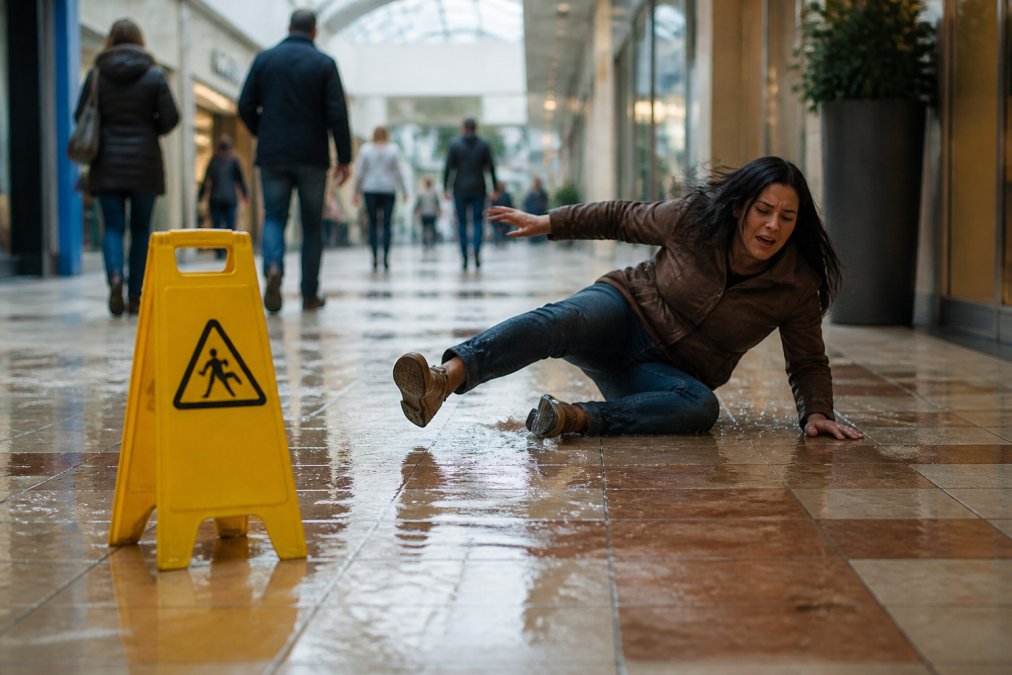 Close-up of a wet floor with a bright yellow hazard warning sign in a shopping centre corridor, morning light reflecting off the slippery surface