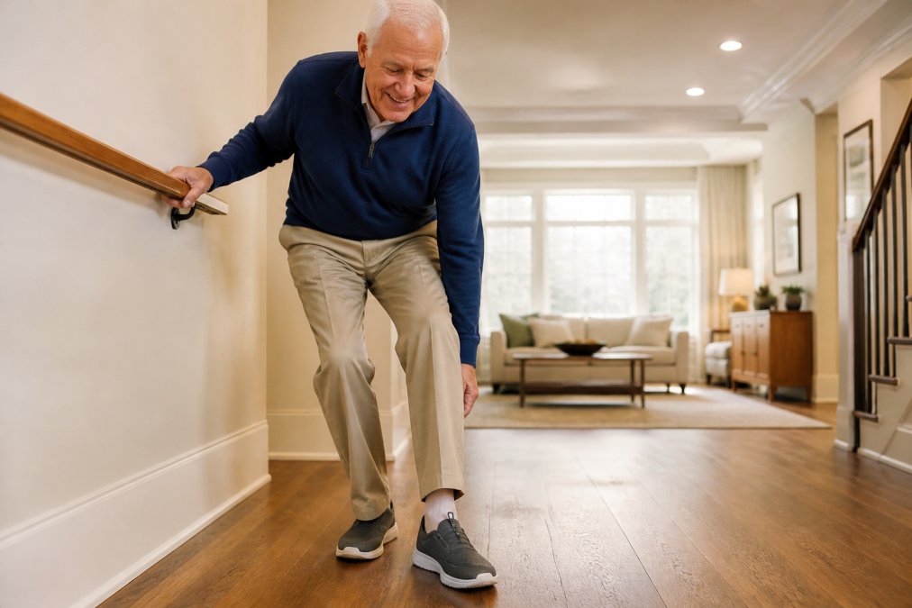 Senior adult easily slipping on a comfortable sneaker without bending, showing relief and independence in a bright, modern home setting