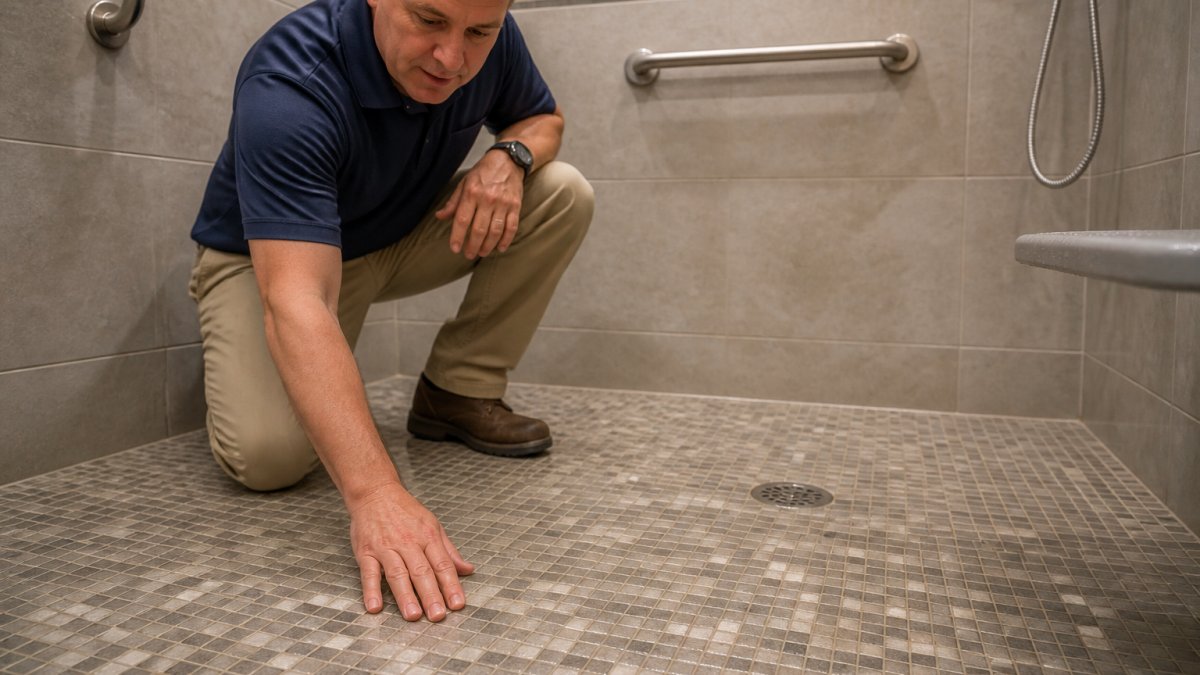 Professional demonstrating slip-resistant tile selection with close-up of textured mosaic tile surface showing water droplets and grout lines in modern accessible shower setting